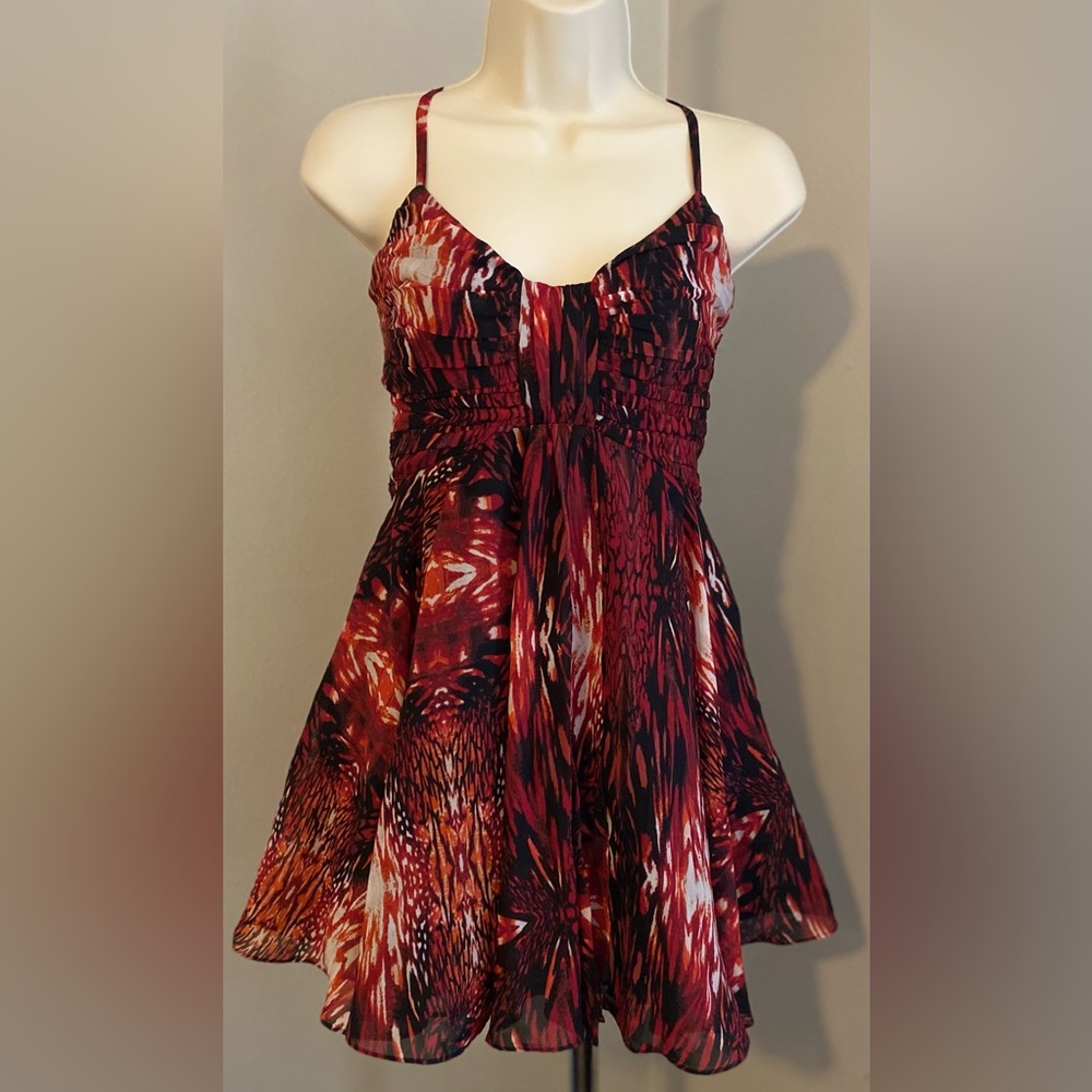 Bebe Burgundy Monarch Butterfly Print Babydoll Party Dress 2